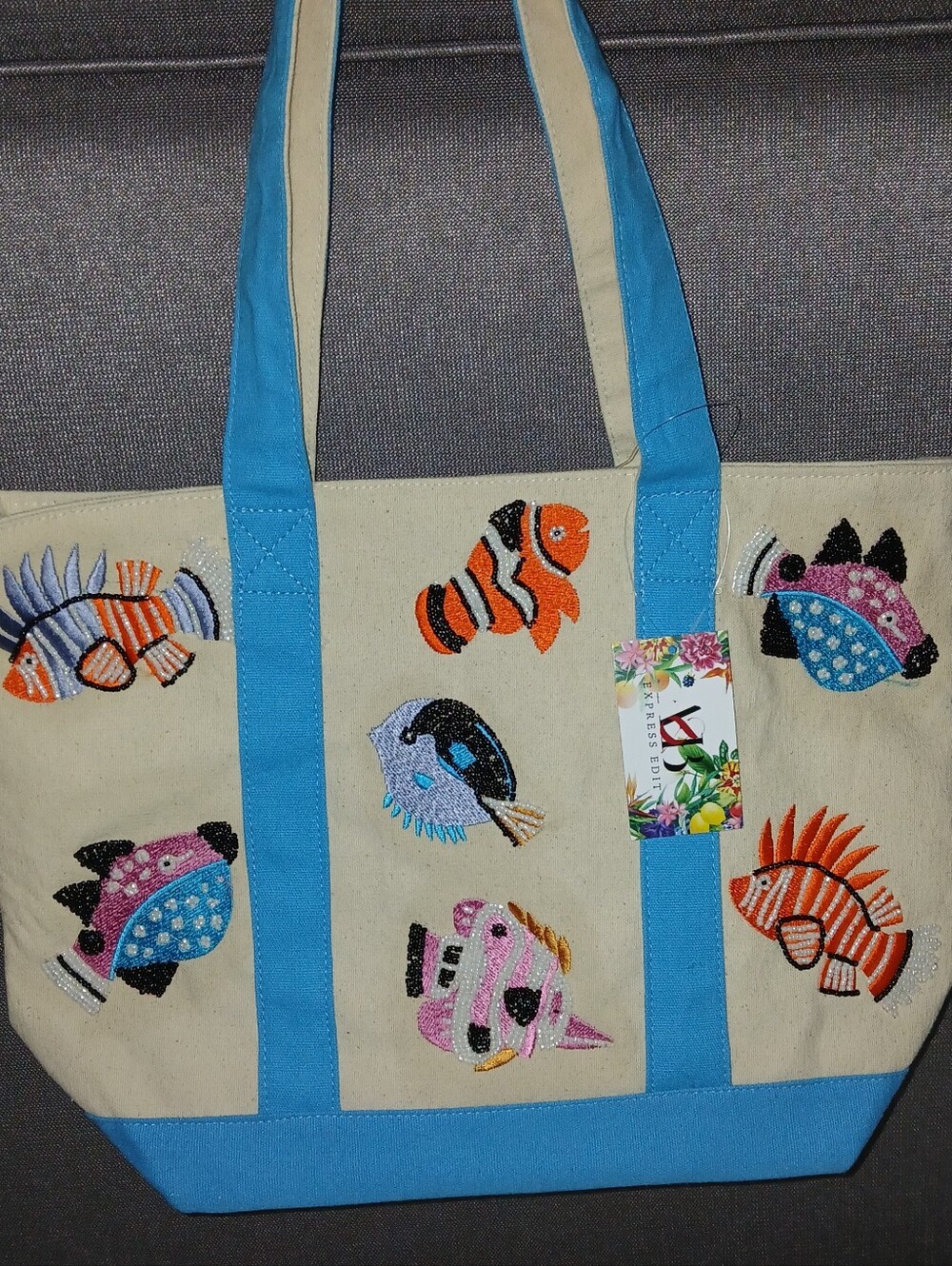 Artisan America & Beyond Cotton Canvas Embroidered Beaded Tote, Tropical Fish